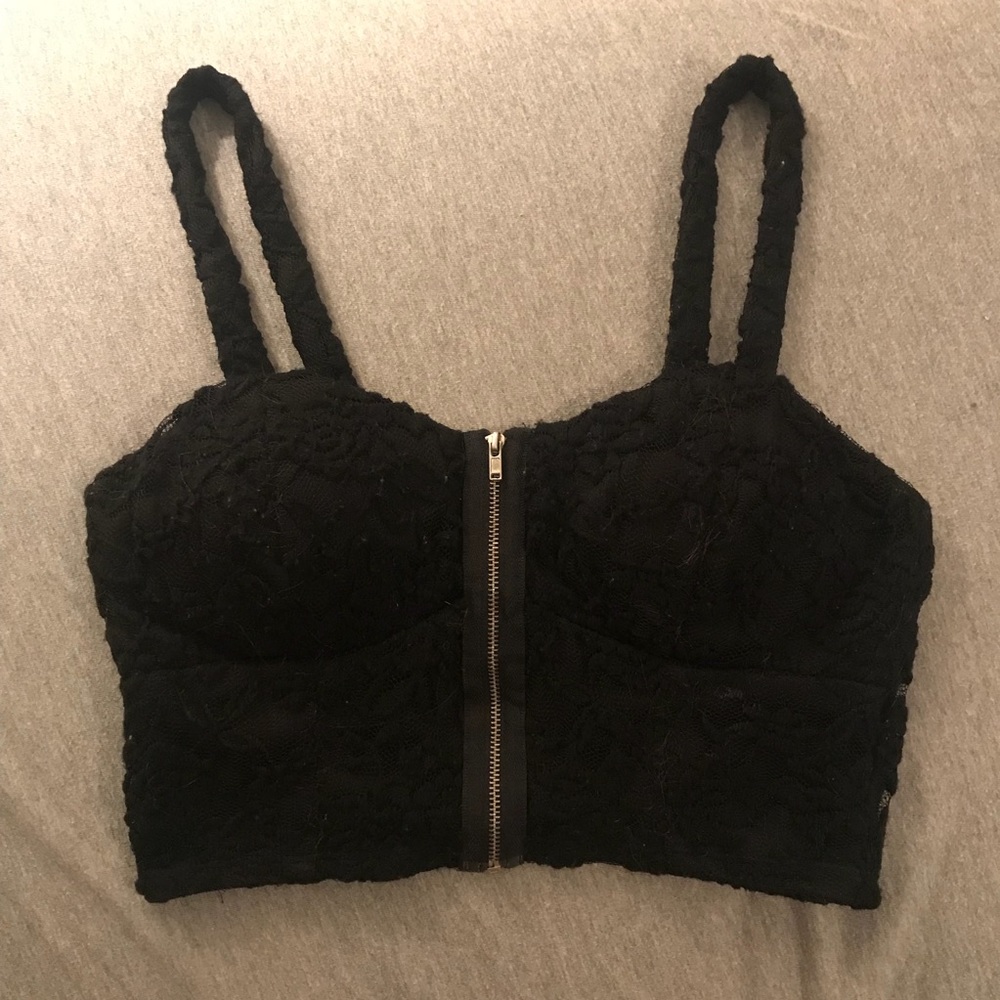 Black lace crop top with front zipper